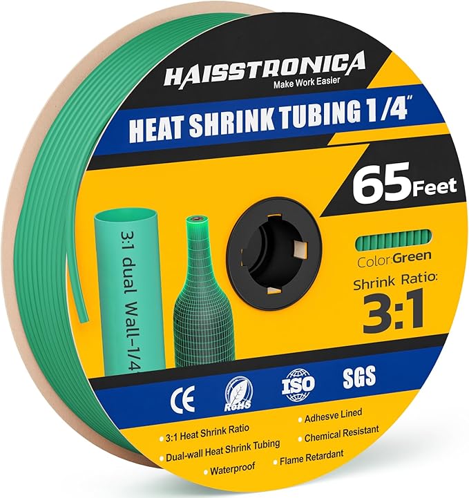 haisstronica 3:1 Heat Shrink Tubing, Shrink Ratio Adhesive Lined Marine Grade Heat Shrink Tube for Home, Automotive and Industrial (Green) 65FT 1/4inch