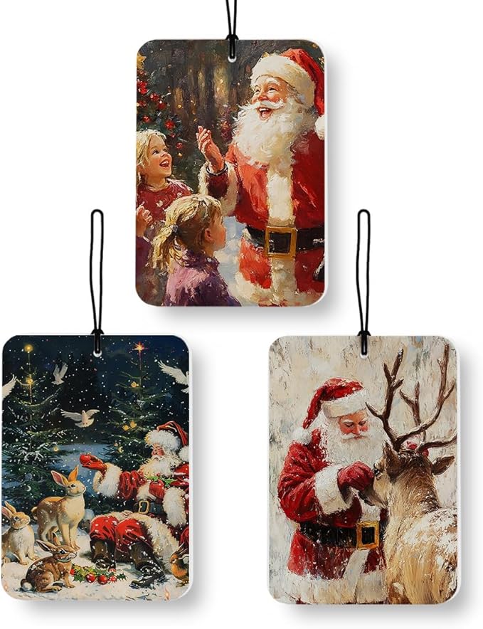 Winter Christmas Santa Car Air Freshener 3 Pcs, Vintage Christmas Santa Claus Forest Bunny Reindeer Air Freshener Hanging Decor for Cars Closet Drawer Books Accessories Gifts