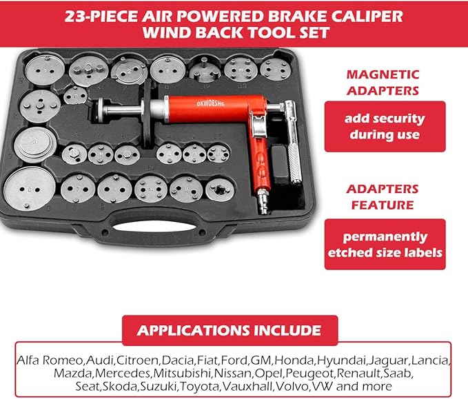 Pneumatic Brake Caliper Compression Tool Kit, Air Operated Disc Brake Piston Wind Back Rewind Tool Set for Automotive Maintenance and Repair
