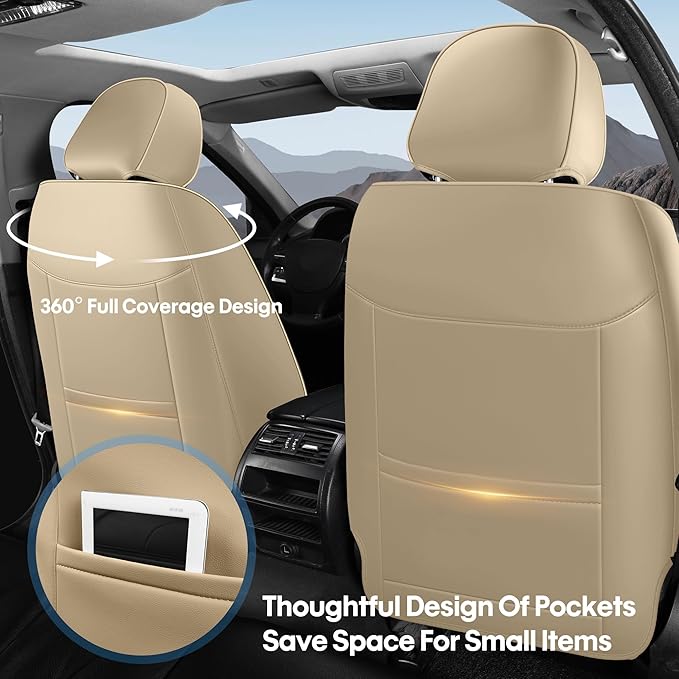 AOOG Car Seat Covers Custom Fit for Ford F150 2009-2026, Faux Leather Seat Cover Set for 2017-2026 F250 F350 F450, Accomodating Regular Cab Super Cab Super Crew Pickup Truck Cushions(Beige, Full Set)