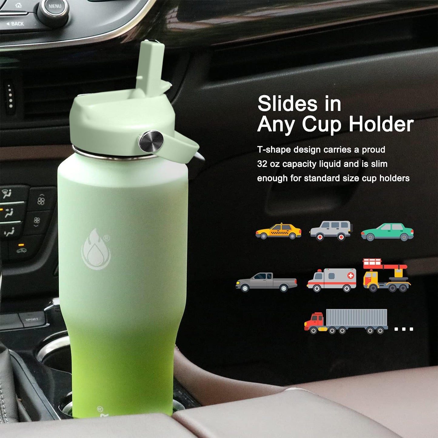 SENDESTAR 32oz Water Bottle Wide Mouth Stainless Steel Vacuum Insulated Double Wall with 2 Straw Lids Fit in Any Car Cup Holder TXIN-32-GG-1