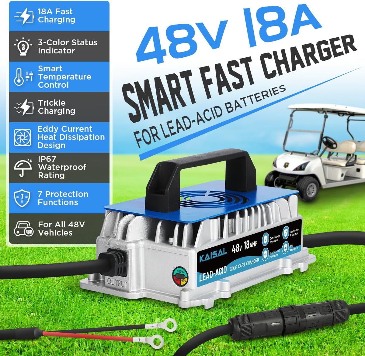 KAISAL 48V Charger 1250W 18A Golf Cart Battery Charger for 48 Volt Club Car/EZGO/Yamaha Onboard Lead-acid Golf Cart Charger with M8 Terminal for all 48V Vehicles, Forklift, Floor Scrubber, Motor, Boat