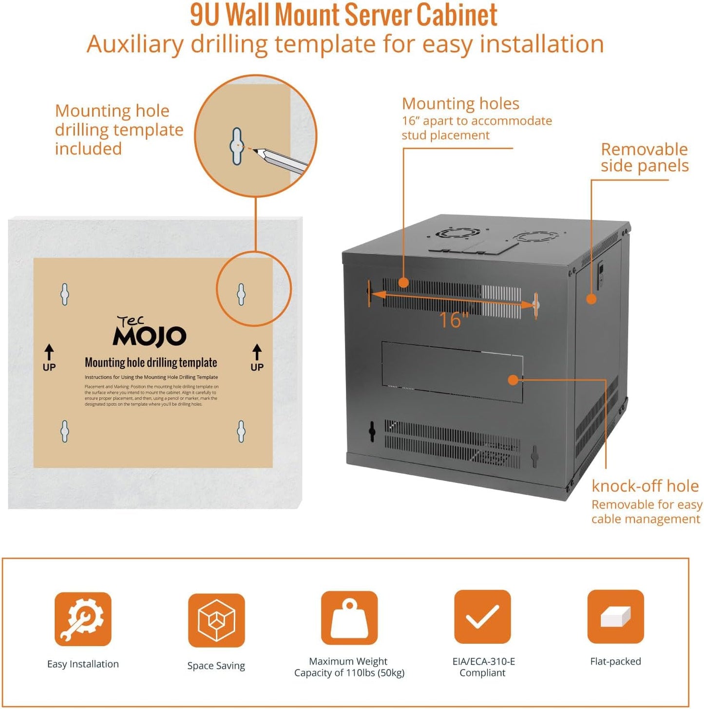 Tecmojo 9U Wall Mount Server Cabinet IT Network Rack Enclosure Lockable Door and Side Panels Black,Cooling Fan, Glass Door, 17.7inch Depth,for 19” IT Equipment, A/V Devices
