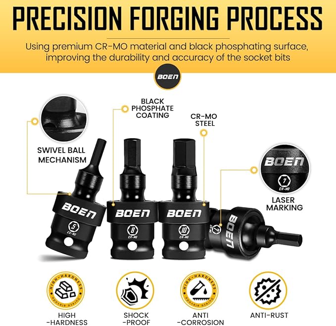 boen 3/8" Drive Universal Hex Bit Socket Set, 7-Piece Metric Impact Swivel Allen Bit Sockets, 360° Rotation Flexible Wobble Hex Bit Driver Socket Set, With Storage Rail, CR-MO Steel