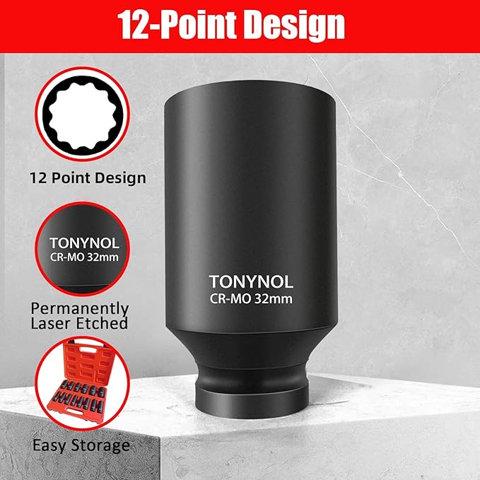 1/2 Inch Deep Drive Impact Socket Set,12-Point,SAE(3/8" to 1-1/4"),14 Pcs,Cr-Mo Steel,With a Storage Case