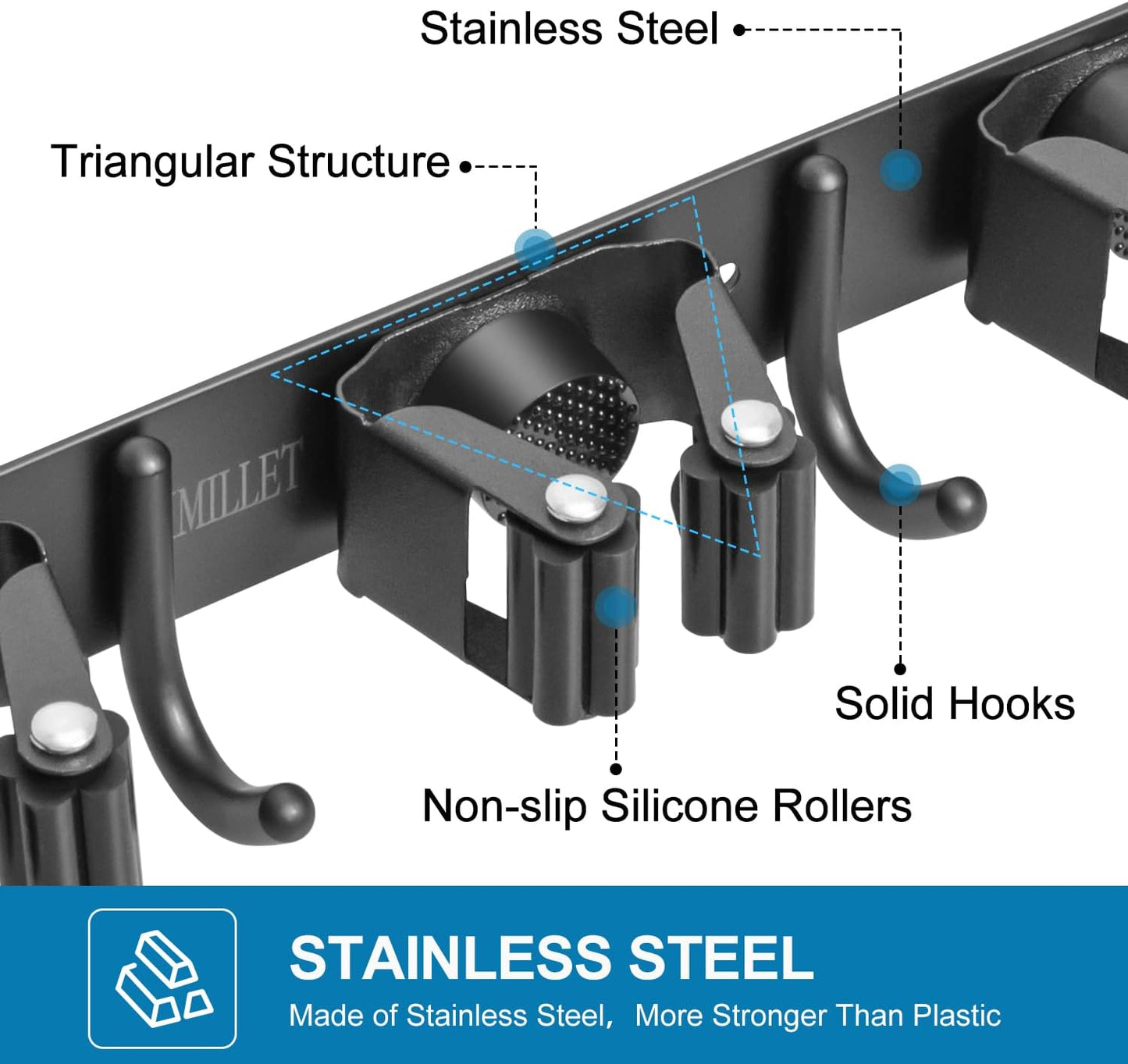 IMILLET Broom Holder Wall Mount, Broom Holder Stainless Steel Heavy Duty Garage Organization Broom Organizer Wall Mount Self Adhesive Laundry Room Organization and Storage（5 Racks and 4 Hooks）