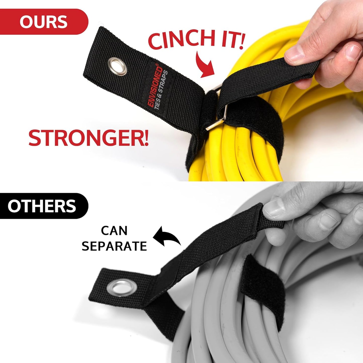 Heavy Duty Hanging Storage Cinch Straps with Metal Buckle (4 Pack, 1" x 8") - Electrical Extension Cord and Garden Hose Holder, Cable Management, Storage Organizer in Garage, RV, Workshop - ENVISIONED