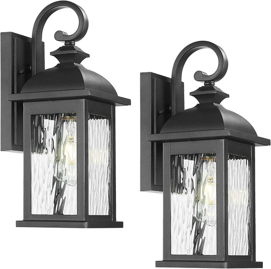 FEMILA 2 Packs Outdoor Waterproof Wall Lights Fixture, 15" Wall Lantern for Porch, Anti-Rust Matte Black Finish with Water Ripple Glass,4FD54B-2PK BK-WP