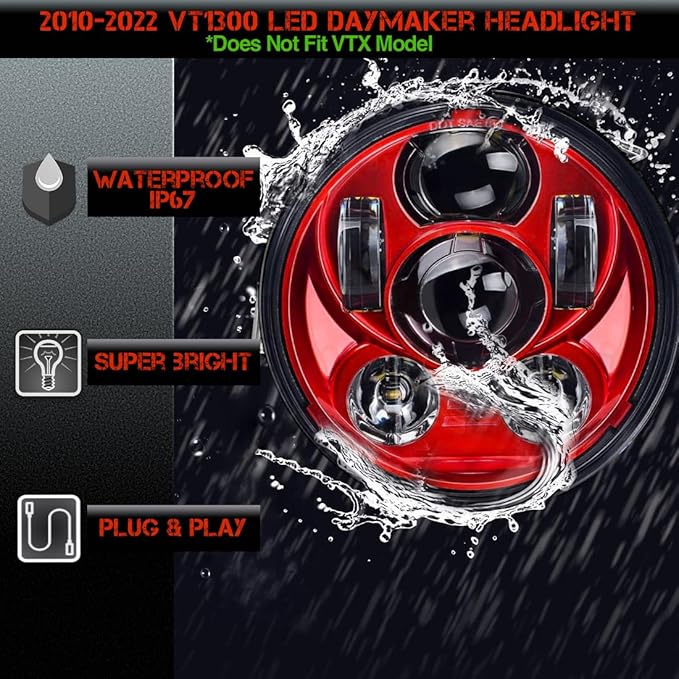 SLK-Lights VT1300 Fury Daymaker LED Headlight 5 3/4in - Direct Fit - Plug & Play - Compatible Honda VT1300 2010-2025 Honda Fury, Sabre, Interstate, and Stateline (RED)