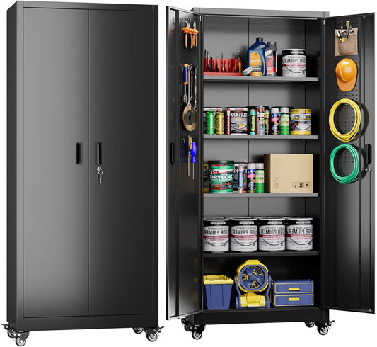 Garage Storage Cabinet with with Pegboard and Wheels,73" Metal Lockable File Cabinet with 2 Doors and 4 Adjustable Shelves,Tool Storage,Home Office Garage,Gym,School (Black)
