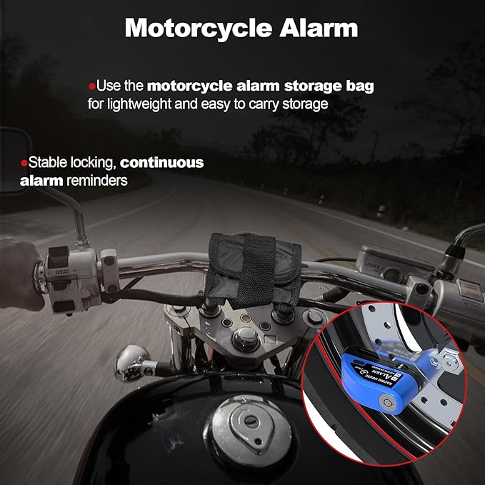 Motorcycle Lock Rechargeable, Alarm Disc Brake Lock with Reminder Cable, 110 dB Alarm Sound, Anti-Theft Waterproof, 2 H Fast-Charging, 9 Months Standby, 7 mm Lock Pin Universal for Bikes