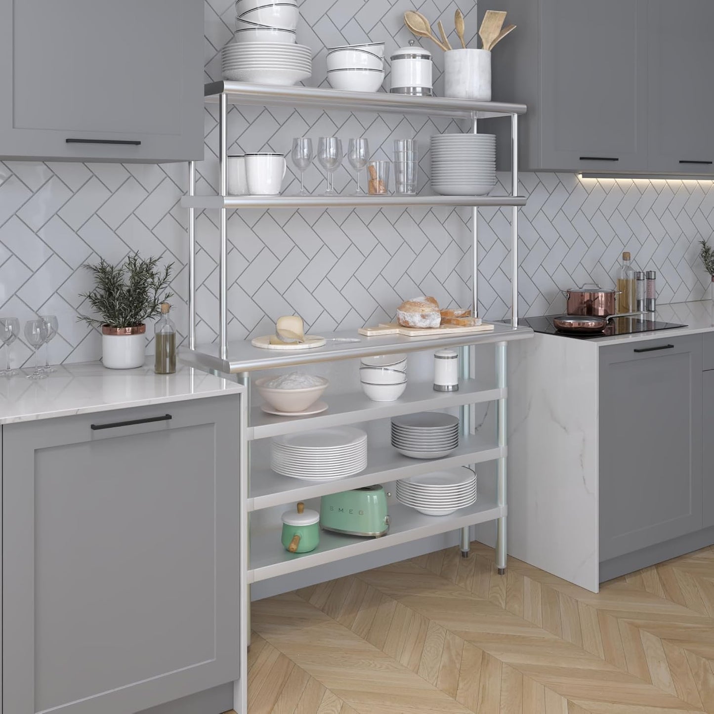 Amgood 14" x 48" Stainless Steel Work Table with 3 Shelves and 12" Wide Double Tier Overshelf | Metal Kitchen Prep Table & Shelving Combo | NSF