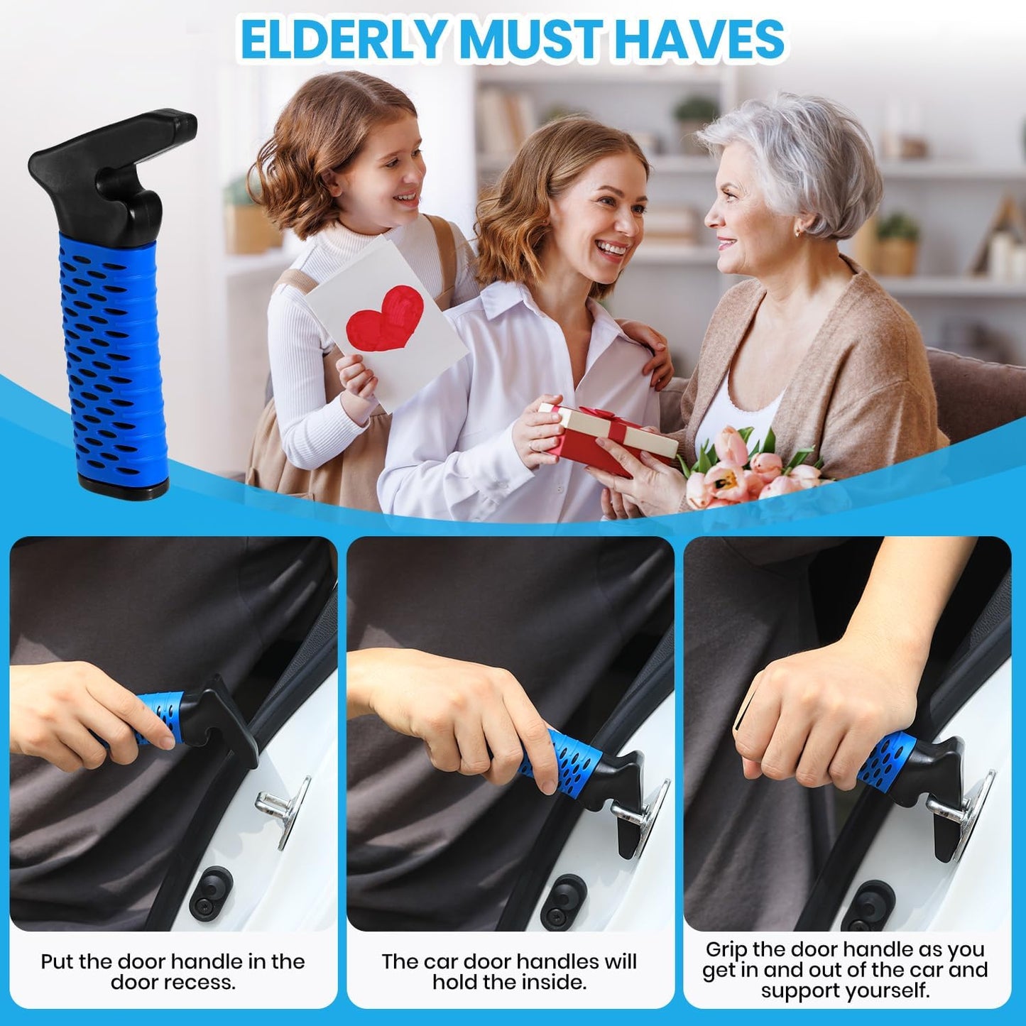 Car Door Handle for Elderly, Car Handle Assist Support, Portable Elderly Assistance Mobility Aids for Getting Out of Car, Auto Grab Cane Nylon Strap for Seniors and Handicapped, Blue
