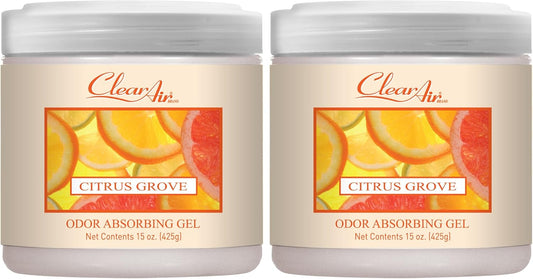 Clear Air Odor Absorber Gel - 15 oz, Pack of 2 - Air Freshener Absorbs and Eliminates Odors in Bathrooms, Cars, Boats, RVs and Pet Areas - Made with Essential Oils - Citrus Grove Scent