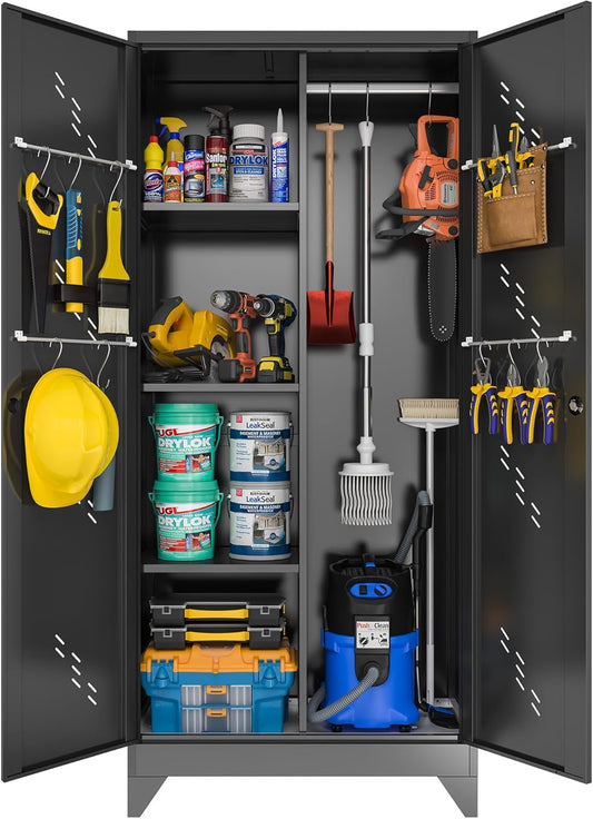 71" Metal Garage Tools Storage Cabinet with Doors and Shelves, Broom Tool Storage Filing Cabinets with Lock, Black Cleaning Supplies Organization Cabinet with Hanging Rod