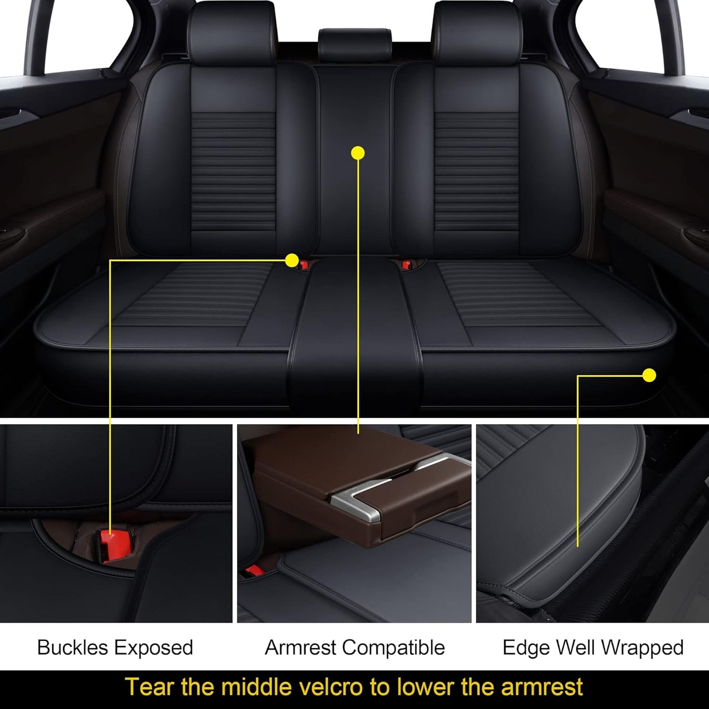 LINGVIDO Car Seat Covers, Breathable and Waterproof Faux Leather Automotive Seat Covers for Cars SUV Truck Sedan,Universal Anti-Slip Seat Cover with Backrest (Rear Seat, Black-Blueline)