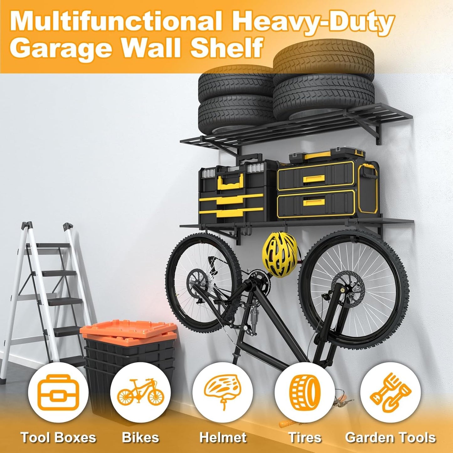 2-Pack 1×4ft Steel Wall Mounted Garage Shelves with Hooks, 300LB Each Heavy Duty Shelving for Garage Storage & Organization