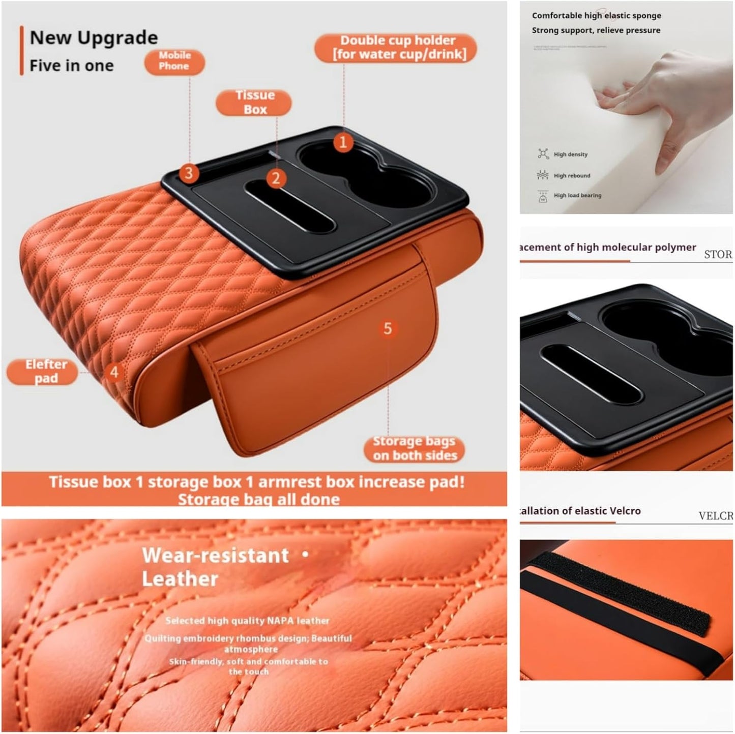 Center Console Cover Organizer, 5-In-1 Arm Rest Cover for Car with Cup Holder & Storage Pocket & Tissue Holder, Armrest Cover Cushion Pad, Water Ripples, Brown