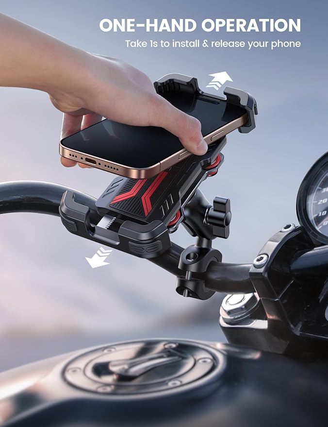 Lamicall Motorcycle Phone Mount Holder - [Dual Vibration Dampener] [Metal Adjustment Arm] Motorcycle Cell Phone Holder, Bike Handlebar Phone Mount, for iPhone 16 15 14 Pro Max, 4.7-6.7" Phones, Red