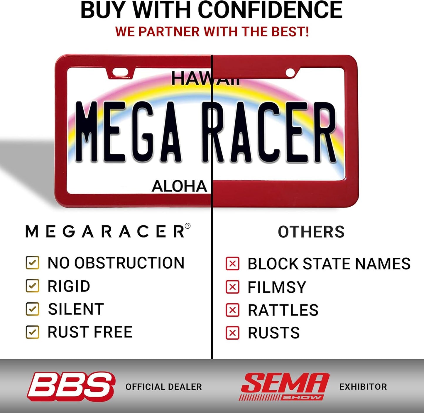 Premium Slim Red License Plate Frames – 2 Pack, Rust-Free Stainless Steel, Street Legal & Rattle-Free, Universal Fit with Screw Covers, Sleek Thin Metal Front & Rear Car Tag Holders for Men & Women