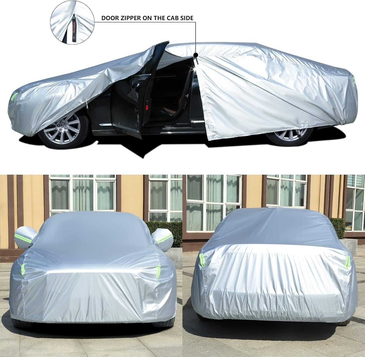 Tecoom Light Shell Waterproof UV-Proof Windproof Design Car Cover with Zipper Storage and Lock for All Weather Indoor Outdoor Fit Sedan 170-190 Inches Length