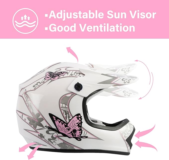 XFMT DOT Youth Kids Dirt Bike Helmet Full Face Motocross Helmets for Off-Road ATV Street Bike Four Wheeler Motorcycle with Goggles & Gloves, Pink Butterfly Small