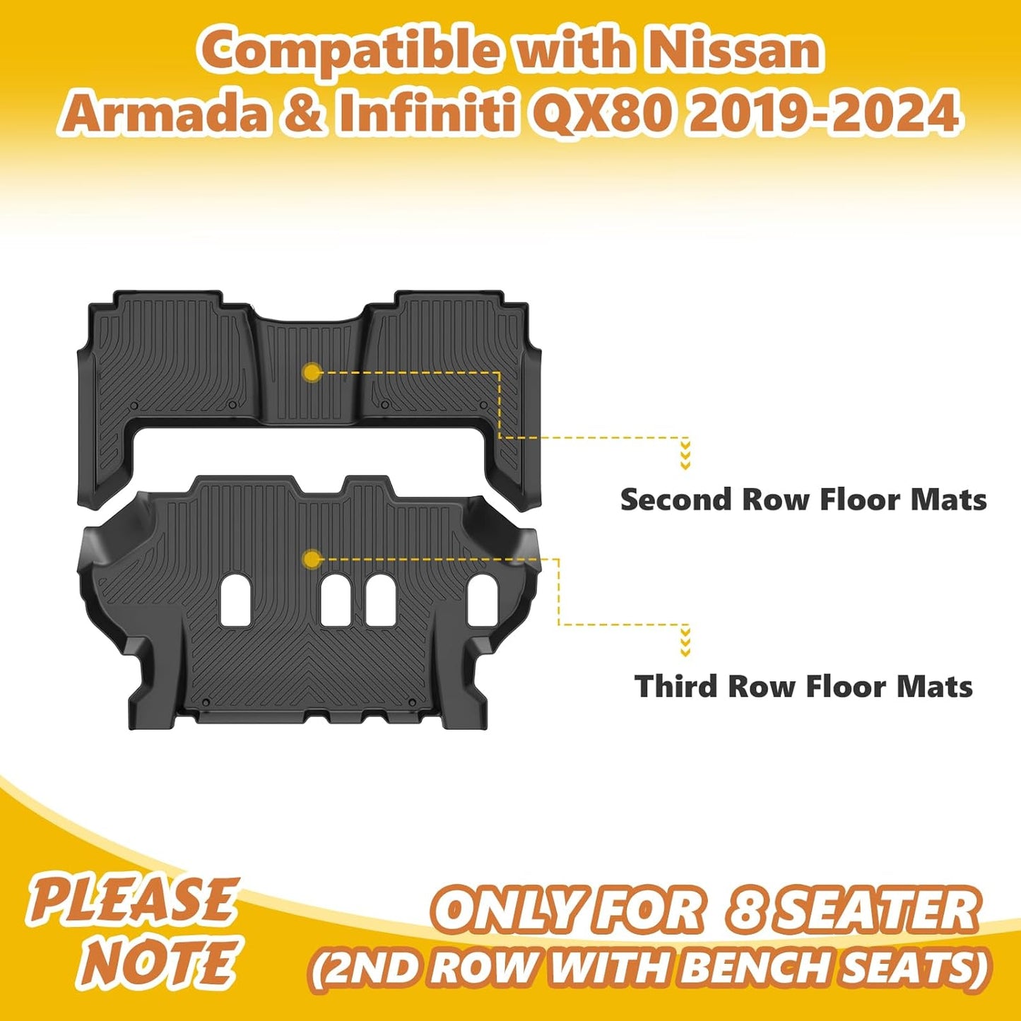 GINOWY-Floor Mats for Nissan Armada &Infiniti QX80 2019-2024 Bench Seating All Weather Car Floor Mats Armada 2024 Waterproof Easy to Clean Armada Floor Liners Accessories Black