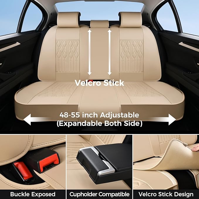 Huidasource Rear Seat Covers, Waterproof Nappa Leather Rear eat Covers for Split Bench, Universal Fit Automotive Back Seat Covers for Most Cars Sedan SUV Pickup Truck (Back Row/Beige)