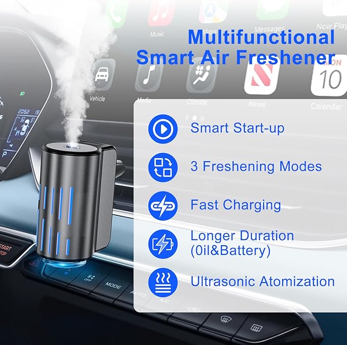 Car Air Freshener,Smart Car Air Freshener, Suitable for Car Diffusers and Home Use,Automatic On/Off,10 Scents,Car Diffusers Have 3 Adjustable Modes,Car Essential Oil Diffusers Have 10 Refill Bottles