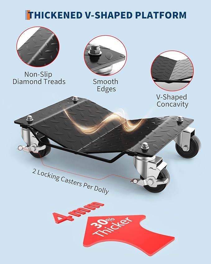 Car Wheel Dolly Set of 4,6000 LBS Capacity Heavy Duty Vehicle Mover Dolly with Brakes for Moving Cars, Trucks, Trailers and Motorcycles, Black