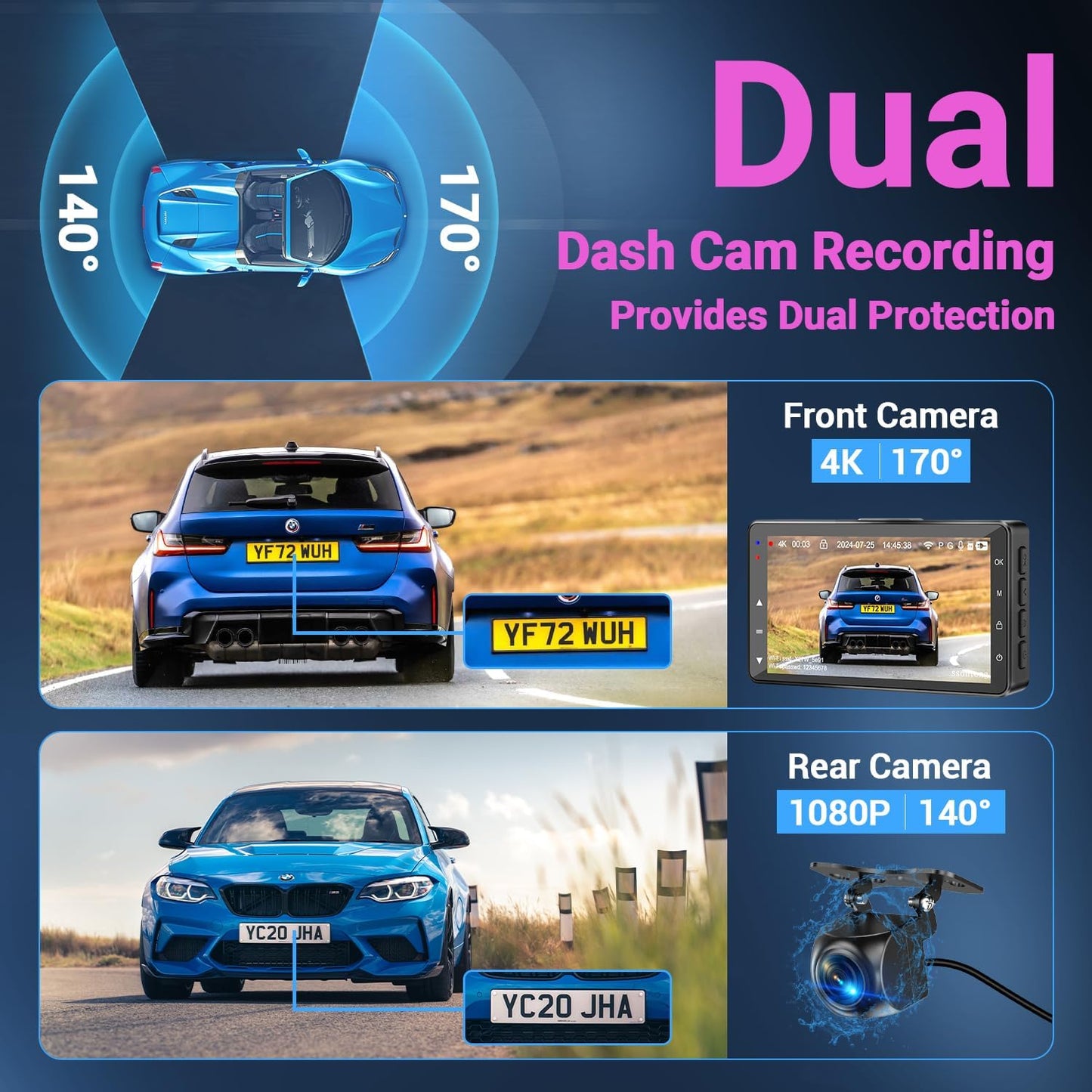 Dash Cam Front and Rear, Dash Cam 4K WiFi/APP Control Dashcam W/ 64GB Card Dash Camera for Cars DVR Car Security Cameras W/Loop Recording G-Sensor Time-Lapse Parking Mode Car Dashcam USB Powered