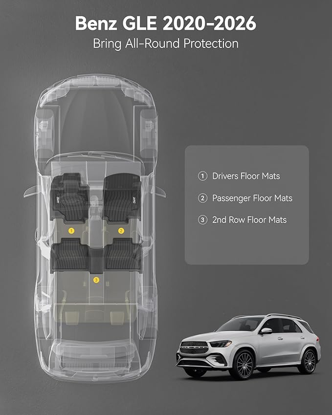 3W Floor Mats Fit for Benz GLE SUV 2020-2026(Not Fit for Coupe/W167), TPE All Weather Custom Fit Floor Liner for Benz GLE 5 Seats 350/450/450e/580/53 AMG/63 AMG S Accessories Car Mats