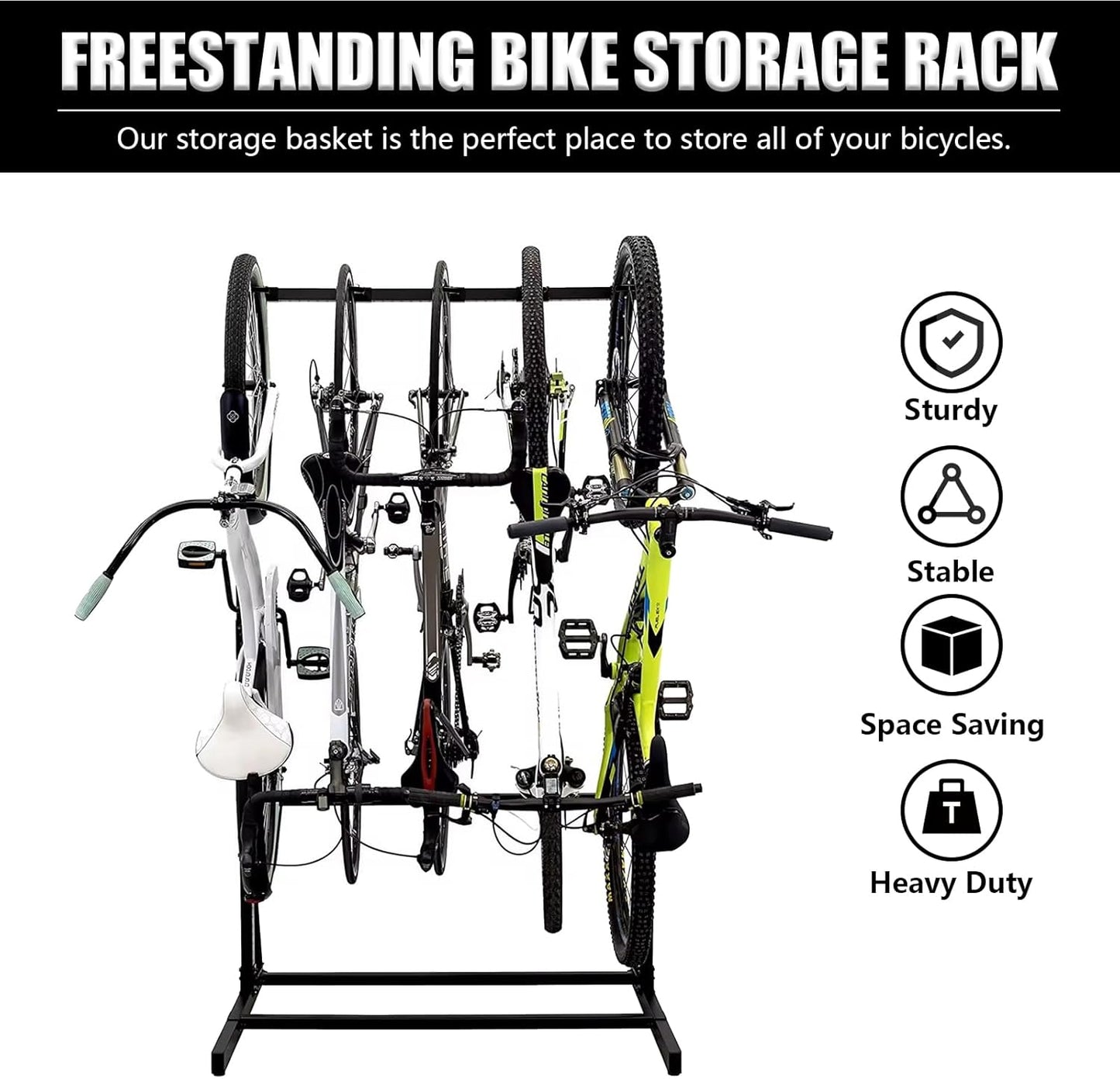 Upright Bike Stand, 5-Bike Stand Rack, Indoor Bike Storage Standing Bike - Garage Organizer - Freestanding Bicycle Rack with 5 Hanging Hook - Vertical & Horizontal Hangersfor Home