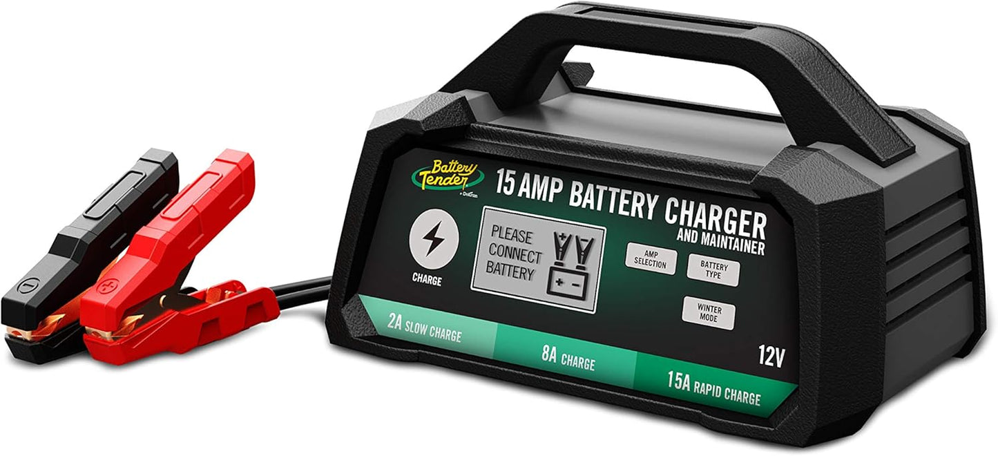 Battery Tender 15 AMP Battery Charger and Maintainer - 12V Switchable 15 AMP / 8 AMP / 2 AMP - Selectable Chemistry Standard AGM Gel - LCD Display - 022-0234-DL-WH