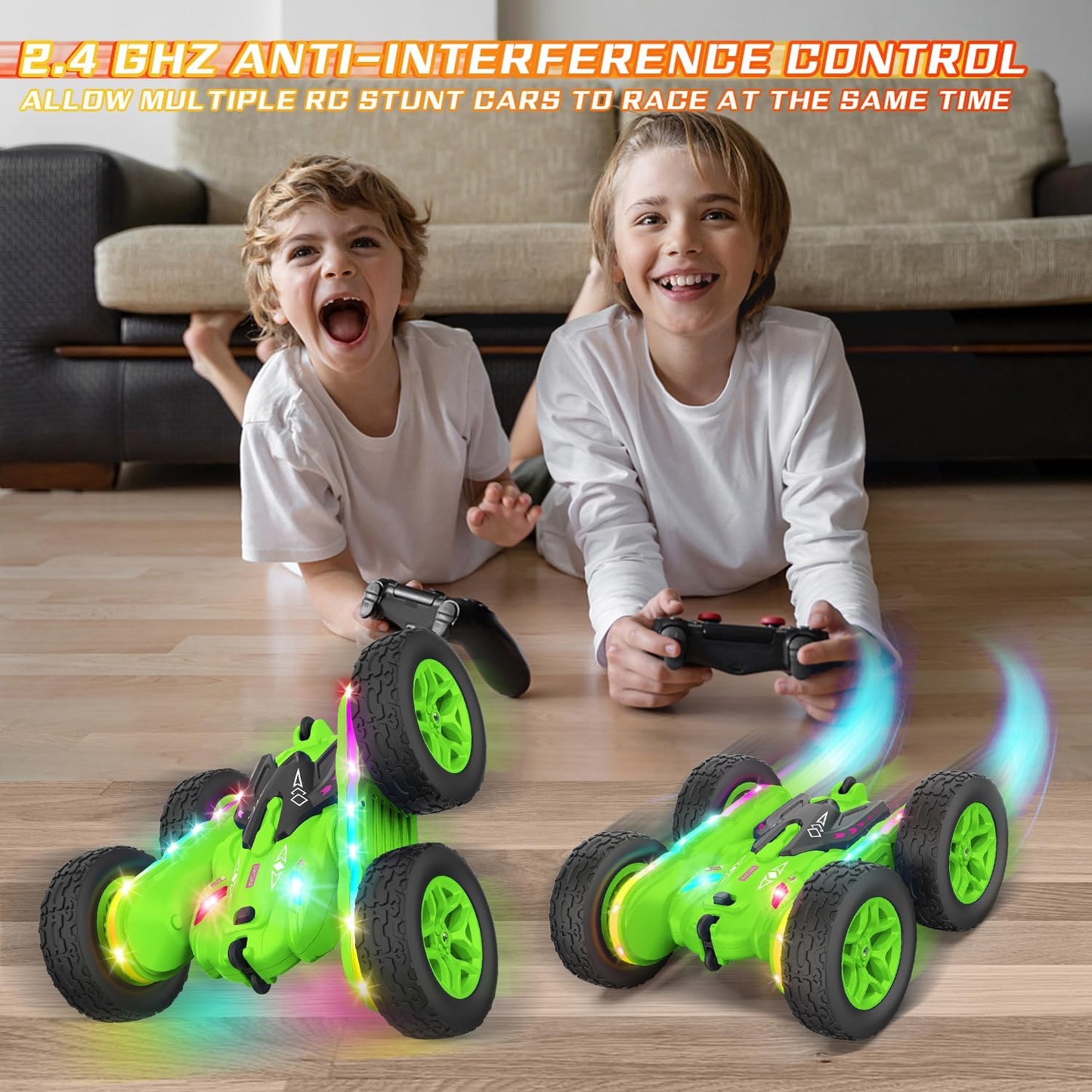 Remote Control Car, Rc Cars Stunt RC Car Toys Upgraded Strip Lights and Headlights Kids Toys Double-Sided 360° Rotating 4WD Drift Truck for Boys Girls Birthday Gift (Green)