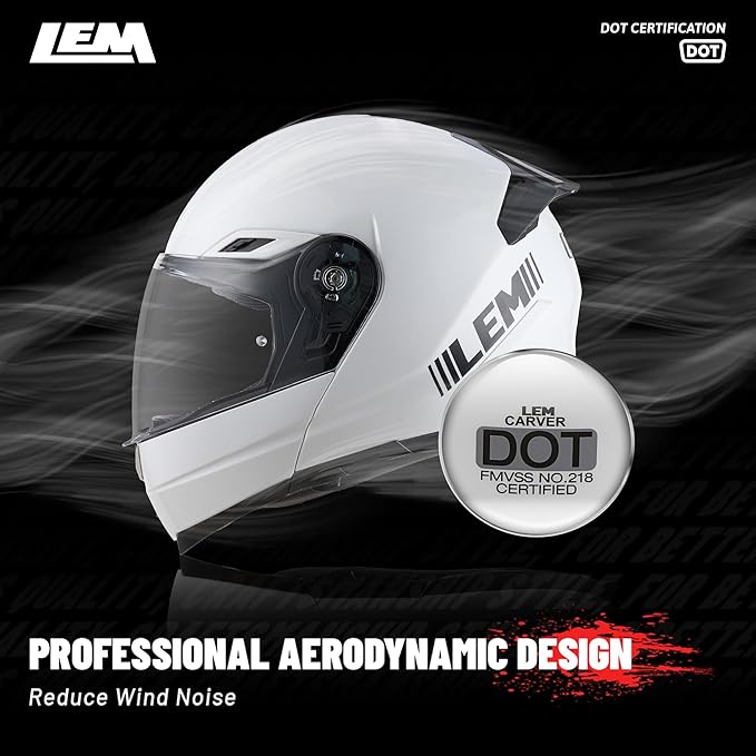 LEM Modular Motorcycle Helmets Fiberglass, Full Face Motorcycle Helmet Flip Up for Touring, DOT Certified, Release Sun Visor & Removable Comfort Liner, Lightweight Street Bike Helmet (White, XXL)