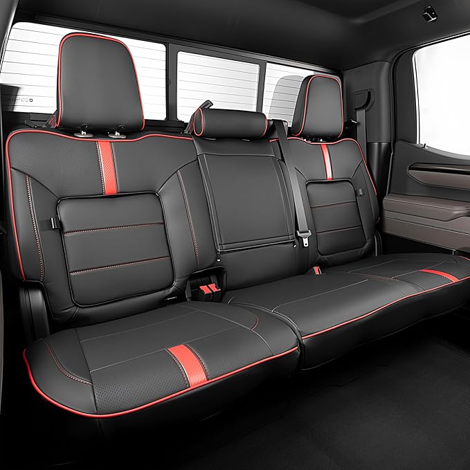 Seat Covers Fit for Chevy Silverado 1500 & GMC Sierra 1500 Crew Cab(2019-2025),Faux Leather Automotive Seat Covers,Custom Car Seat Covers Full Set,Black&Red(with Rear Cup Holder/Seat Back Storage)