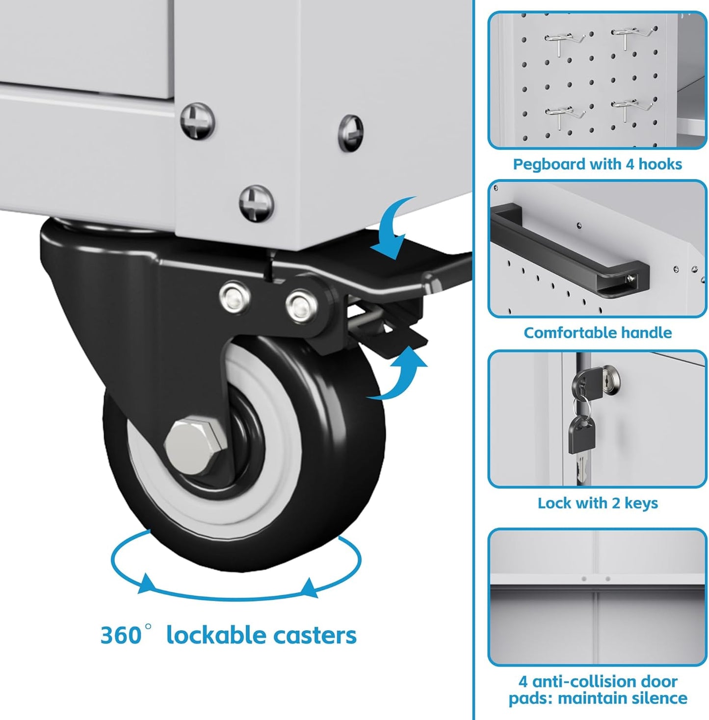 Metal Storage Cabinet with 2 Doors and 4 Hooks,34" H Top Workbench Mobile Tool Chests Garage Cabinets with 4 Wheels and Lock/Push Arm for Home,Office,Shop(White)