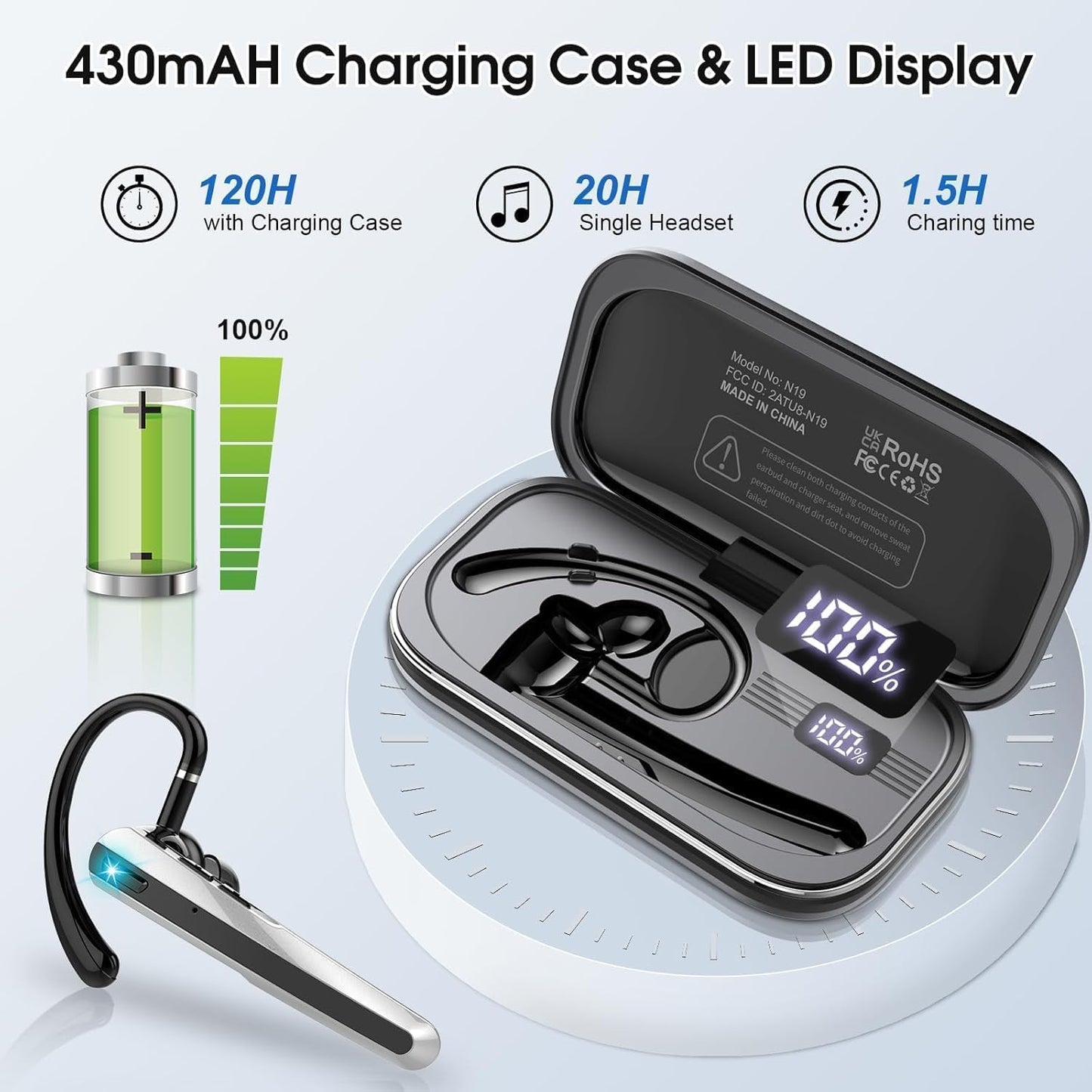 Bluetooth Headset V5.3, Wireless Earpiece with Dual ENC Noise Canceling Mic, 120H Hand-Free Talk Single-Ear Bluetooth Earpiece with LED Display, IP7 Waterproof Headphones for Office/Trucker/Business