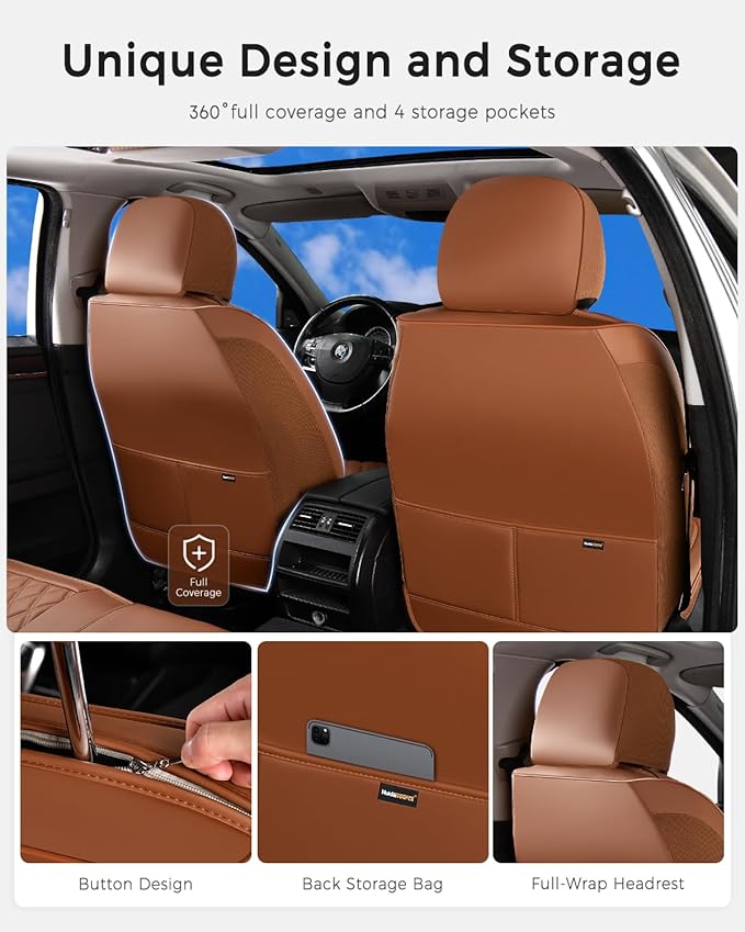 Huidasource Brown Seat Covers, Nappa Leather Car Seat Covers, Velcro Adjustable, Compatible with Airbags, Armrests, Child Seat, Seat Belts, Fit for Most Cars, Vans, Trucks, SUVs (Full Set/Brown)