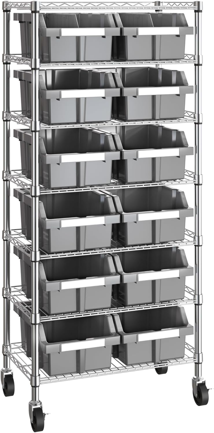 Seville Classics Heavy Duty NSF Bin Rack Solid Steel Wire Shelving Storage Unit, Patented Organizer for Garage, Warehouse, Office, Restaurant, Classroom, Kitchen, Gray, Includes 12 Bins