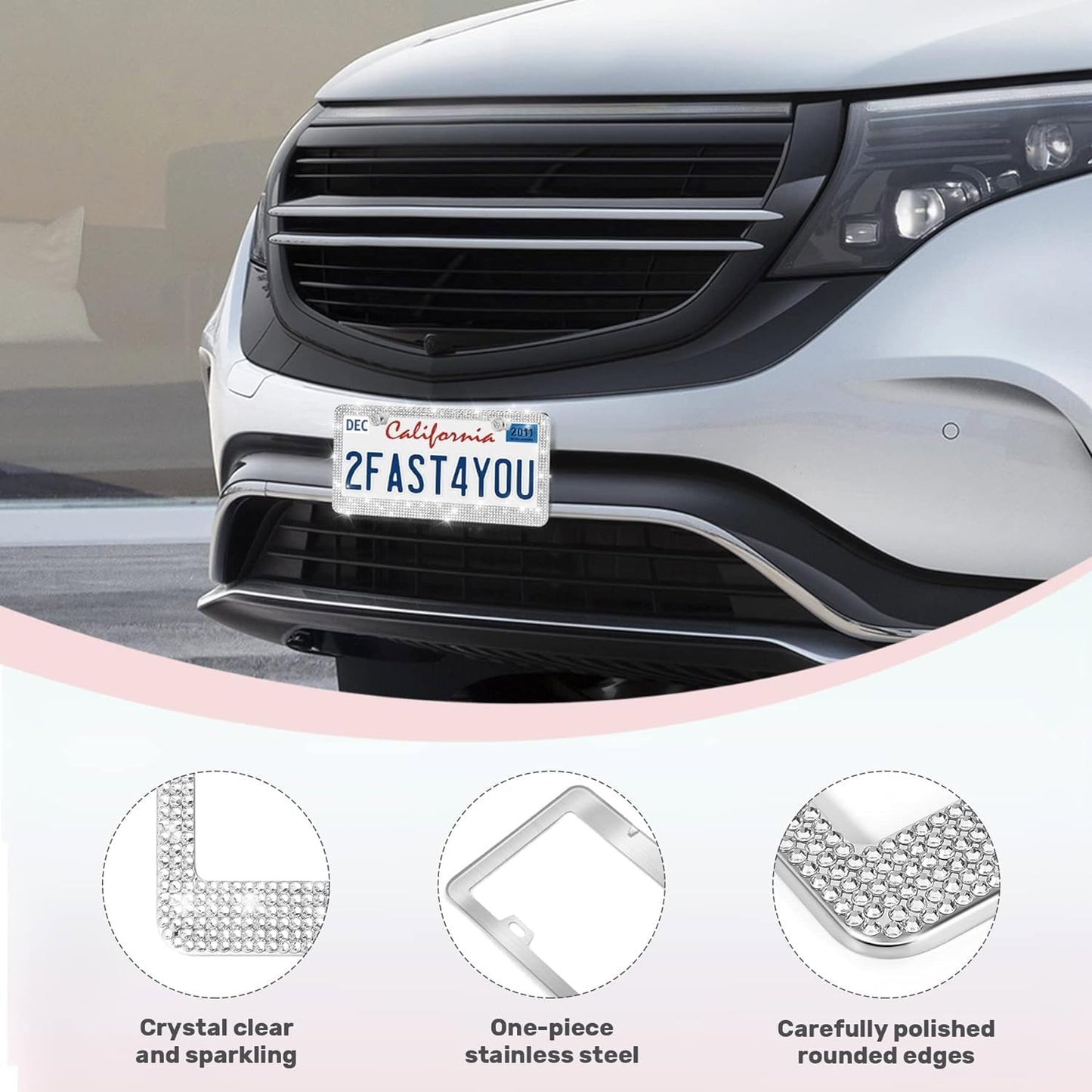 2 Pack License Plate Frames for Women, Sparkly Rhinestone Diamond Car Accessories with Glitter Crystal Caps (White (2PCS))