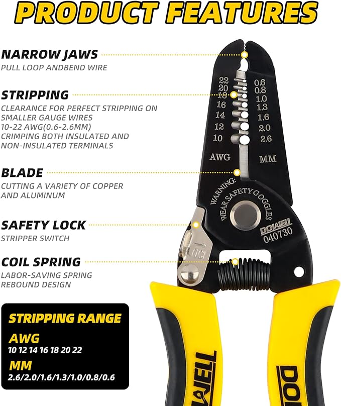 DOWELL 10-22 AWG Wire Stripper Cutter Wire Stripping Tool And Multi-Function Hand Tool，Professional Handle Design And Refined Craftsmanship.