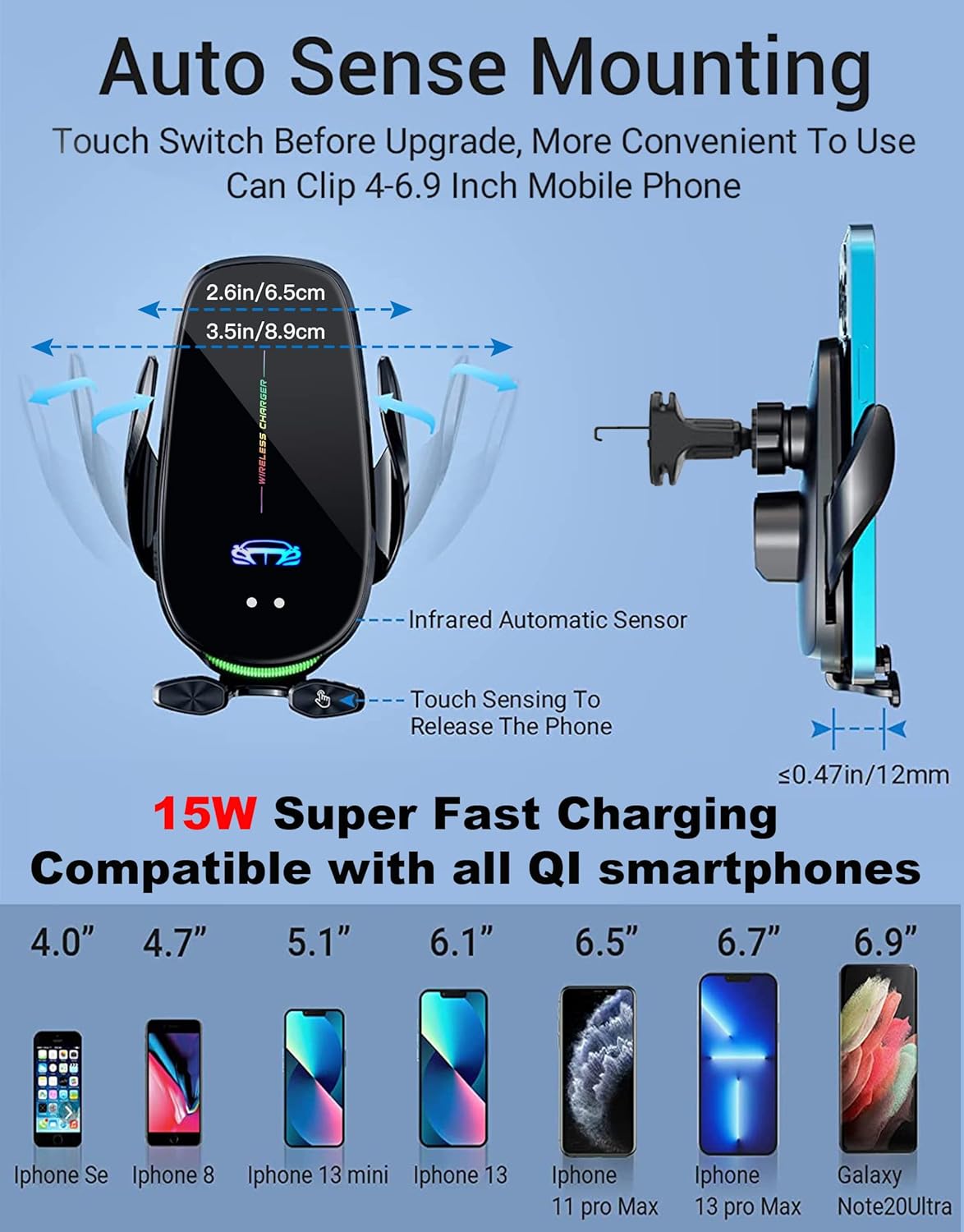Wireless Car Charger Mount, Fast Charging Auto Clamping 15W Intelligent Dual Control Induction Car Phone Holder Mount Wireless Charging Compatible with All iPhone Android Smartphone