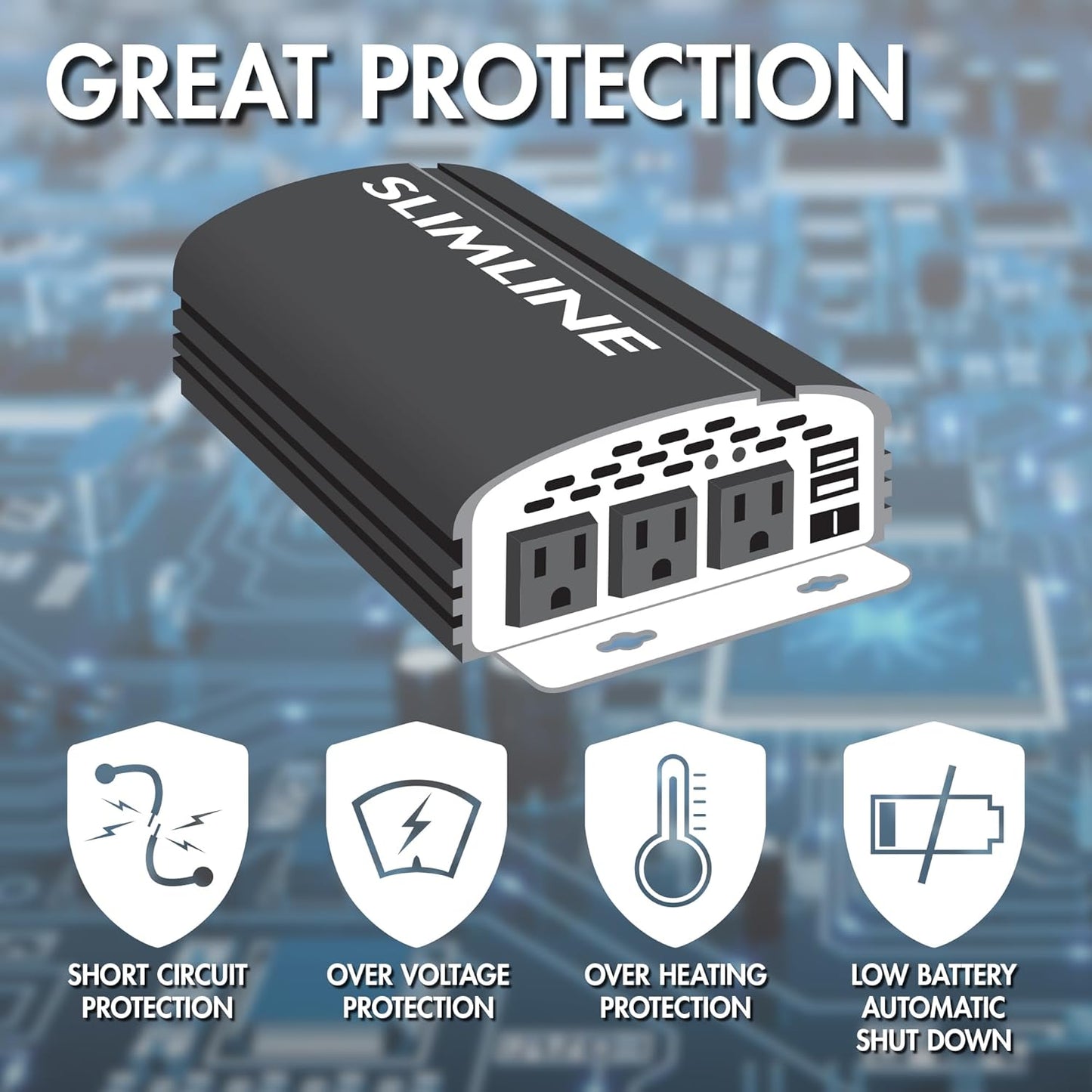 Wagan EL3720 1000W Slimline Plus AC to DC Power Inverter 1000 Watt TrueRated Continuous 2500 Watt Surge Power DC 12V to AC 110V Modified Sine Wave 3 AC Outlets and 2A USB Charging Port