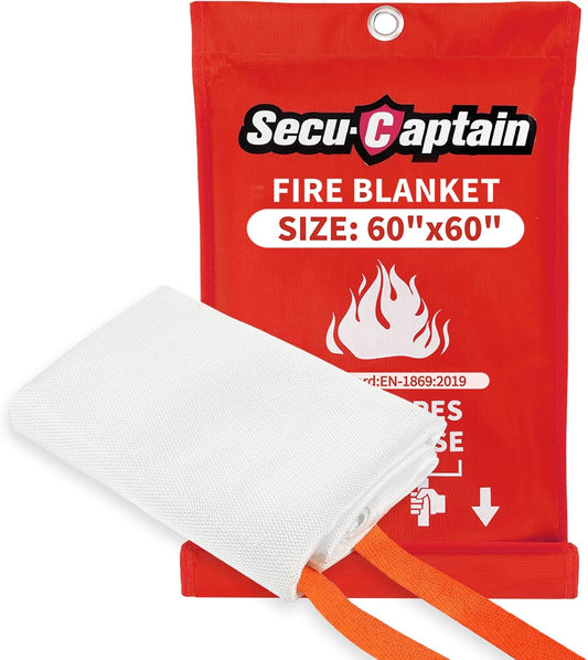 SecuCaptain Emergency Fire Blanket for Home - 60"x60" X-Large Flame Retardant Blankets with Fireproof Tabs for House Camping Kitchen Fire Protection Survival Safety 1 Pack