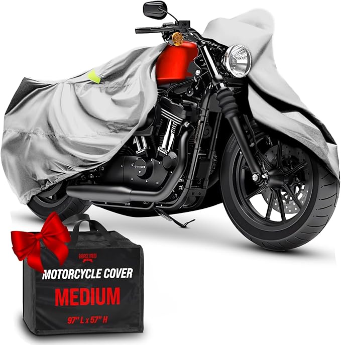 Badass Moto Ultimate Motorcycle Cover Waterproof Outdoor, Heavy Duty Motorcycle Cover for Harleys - Fits Harley Davidson Motorcycle Covers, Street or Sportbike Cover - Light Gray Medium