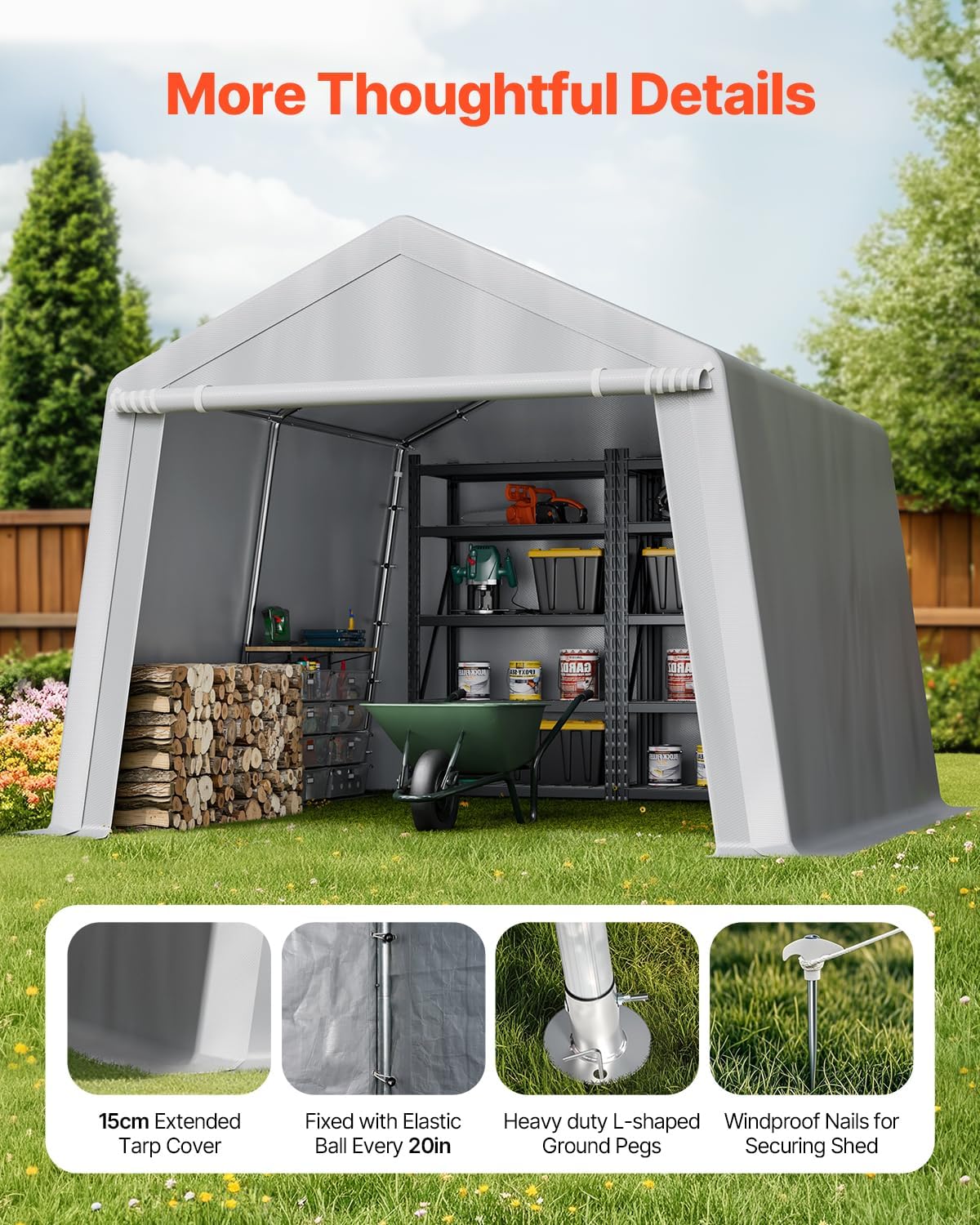 VEVOR Outdoor Storage Shed, 10 x 10 ft Portable Storage Tent with Roll-up Door & Vents, Waterproof Canopy Shed Shelter, Heavy Duty Frame, Patio Garage Carport for Motorcycle, Lawn Mower, Bike, Grey