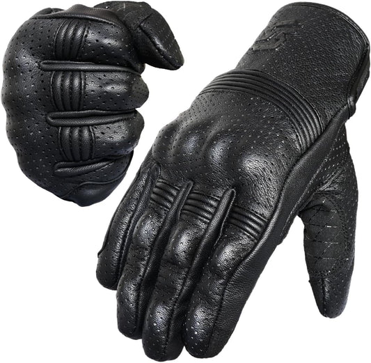 Leather Motorcycle Gloves for Men and Women | Touchscreen | Full Finger | Goatskin Leather Hard Knuckle Motorcycle Riding Gloves (Perforated, Medium)