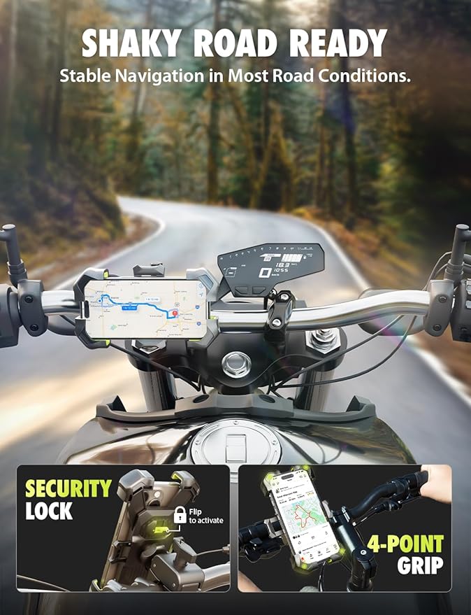 Bracketron Bike Phone Holder,[2025 Quick Release] Motorcycle Phone Mount,Phone Holder for Motorcycle Electric Bike,Scooter,Golf Cart,4 Point Shockproof Design for iPhone, Samsung, & Large Smartphones.